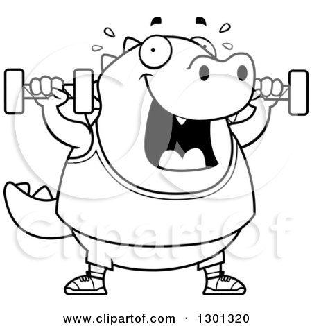 Outline Clipart of a Cartoon Black and White Chubby Lizard Working out with Dumbbells - Royalty Free Lineart Vector Illustration by Cory Thoman