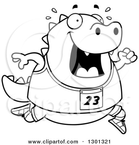 Outline Clipart of a Cartoon Black and White Sweaty Chubby Lizard Running a Track and Field Race - Royalty Free Lineart Vector Illustration by Cory Thoman