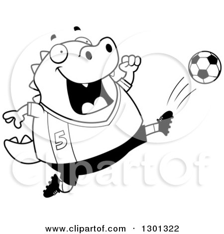 Outline Clipart of a Cartoon Black and White Chubby Lizard Kicking a Soccer Ball - Royalty Free Lineart Vector Illustration by Cory Thoman