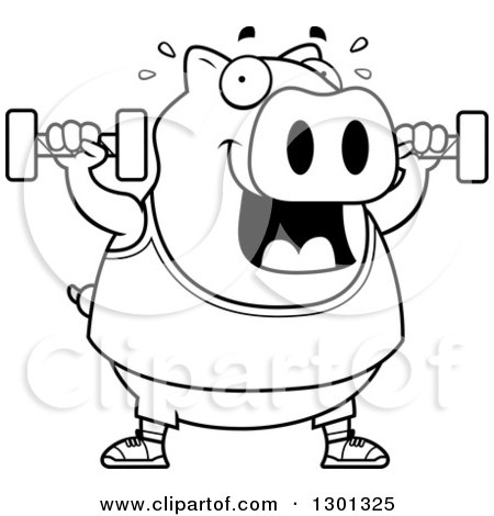 Outline Clipart of a Cartoon Black and White Chubby Pig Working out with Dumbbells - Royalty Free Lineart Vector Illustration by Cory Thoman