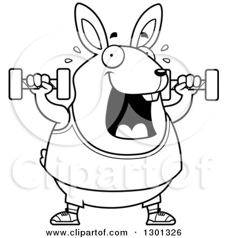 Outline Clipart of a Cartoon Black and White Chubby Rabbit Working out with Dumbbells - Royalty Free Lineart Vector Illustration by Cory Thoman