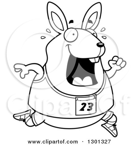 Outline Clipart of a Cartoon Black and White Sweaty Chubby Rabbit Running a Track and Field Race - Royalty Free Lineart Vector Illustration by Cory Thoman