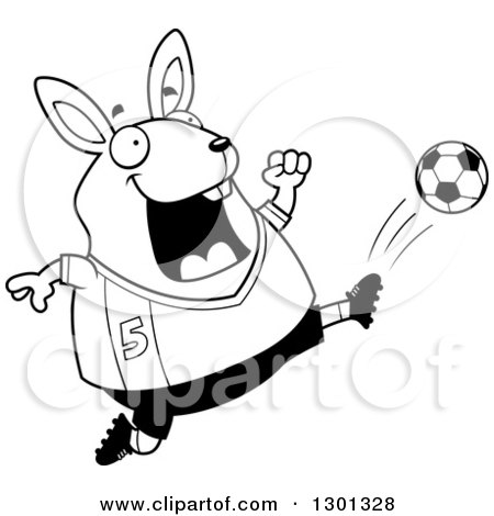 Outline Clipart of a Cartoon Black and White Chubby Rabbit Kicking a Soccer Ball - Royalty Free Lineart Vector Illustration by Cory Thoman