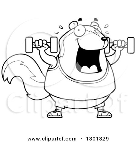 Outline Clipart of a Cartoon Black and White Chubby Skunk Working out with Dumbbells - Royalty Free Lineart Vector Illustration by Cory Thoman