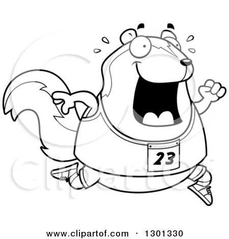Outline Clipart of a Cartoon Black and White Sweaty Chubby Skunk Running a Track and Field Race - Royalty Free Lineart Vector Illustration by Cory Thoman