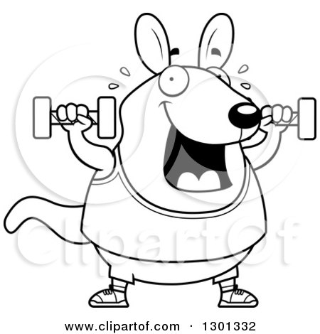 Outline Clipart of a Cartoon Black and White Chubby Wallaby Working out with Dumbbells - Royalty Free Lineart Vector Illustration by Cory Thoman