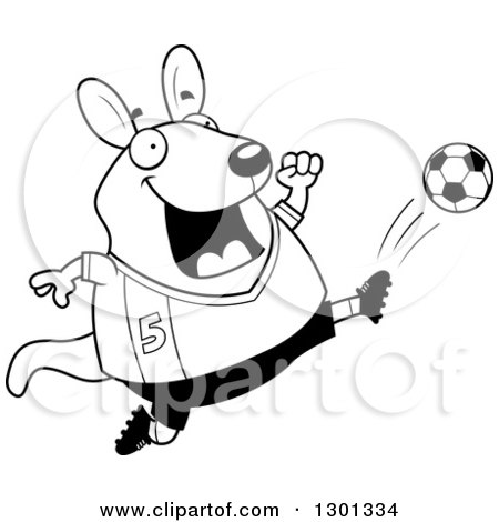 Outline Clipart of a Cartoon Black and White Chubby Wallaby Kicking a Soccer Ball - Royalty Free Lineart Vector Illustration by Cory Thoman