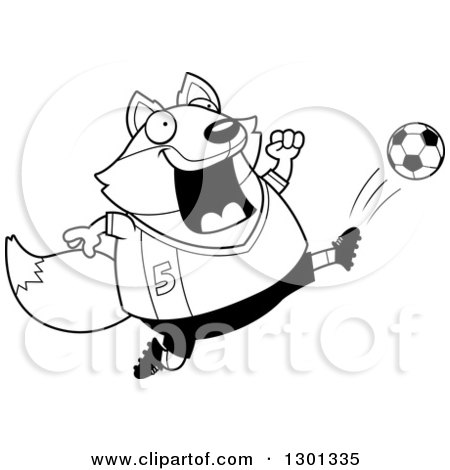 Outline Clipart of a Cartoon Black and White Chubby Fox Kicking a Soccer Ball - Royalty Free Lineart Vector Illustration by Cory Thoman