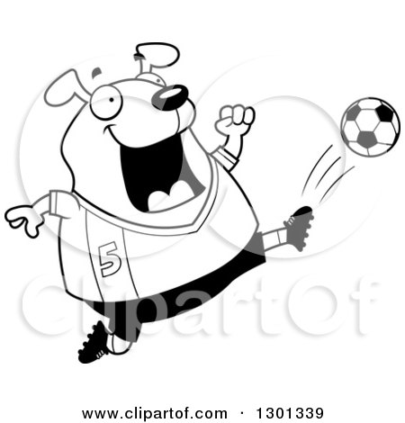 Outline Clipart of a Cartoon Black and White Chubby Dog Kicking a Soccer Ball - Royalty Free Lineart Vector Illustration by Cory Thoman