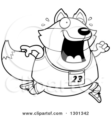 Outline Clipart of a Cartoon Black and White Sweaty Chubby Fox Running a Track and Field Race - Royalty Free Lineart Vector Illustration by Cory Thoman