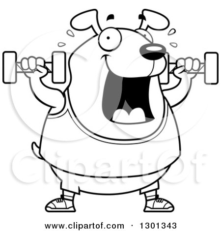 Outline Clipart of a Cartoon Black and White Chubby Dog Working out with Dumbbells - Royalty Free Lineart Vector Illustration by Cory Thoman