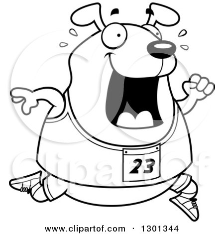 Outline Clipart of a Cartoon Black and White Sweaty Chubby Dog Running a Track and Field Race - Royalty Free Lineart Vector Illustration by Cory Thoman