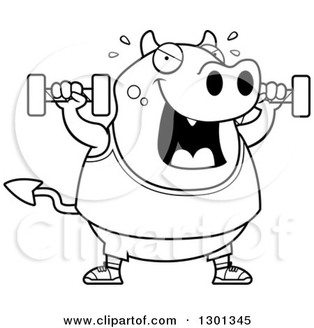 Outline Clipart of a Cartoon Black and White Chubby Red Devil Working out with Dumbbells - Royalty Free Lineart Vector Illustration by Cory Thoman