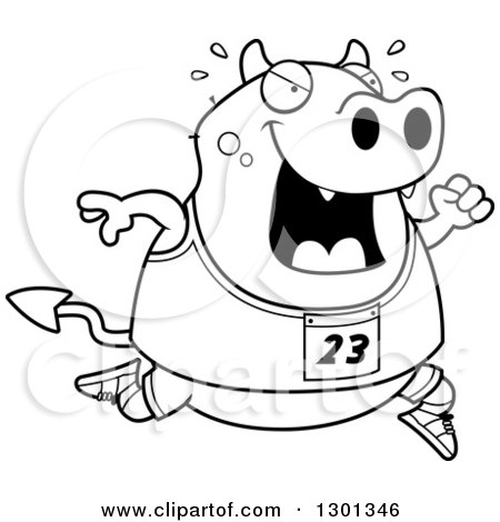 Outline Clipart of a Cartoon Black and White Sweaty Chubby Devil Running a Track and Field Race - Royalty Free Lineart Vector Illustration by Cory Thoman