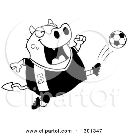 Outline Clipart of a Cartoon Black and White Chubby Devil Kicking a Soccer Ball - Royalty Free Lineart Vector Illustration by Cory Thoman