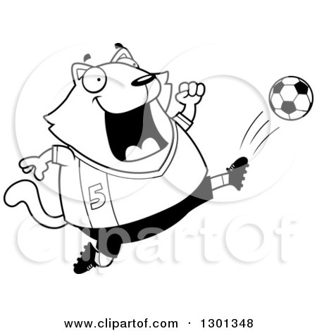 Outline Clipart of a Cartoon Black and White Chubby Cat Kicking a Soccer Ball - Royalty Free Lineart Vector Illustration by Cory Thoman