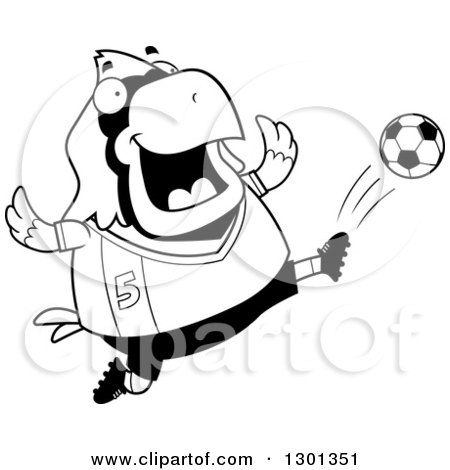 Outline Clipart of a Cartoon Black and White Chubby Cardinal Bird Kicking a Soccer Ball - Royalty Free Lineart Vector Illustration by Cory Thoman