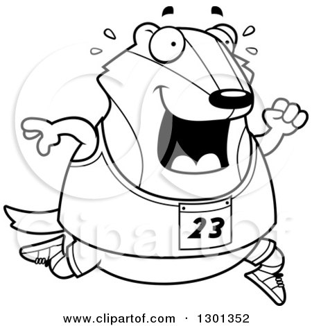 Outline Clipart of a Cartoon Black and White Sweaty Chubby Badger Running a Track and Field Race - Royalty Free Lineart Vector Illustration by Cory Thoman