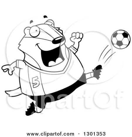 Outline Clipart of a Cartoon Black and White Chubby Badger Kicking a Soccer Ball - Royalty Free Lineart Vector Illustration by Cory Thoman