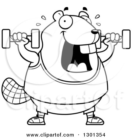 Outline Clipart of a Cartoon Black and White Chubby Beaver Working out with Dumbbells - Royalty Free Lineart Vector Illustration by Cory Thoman