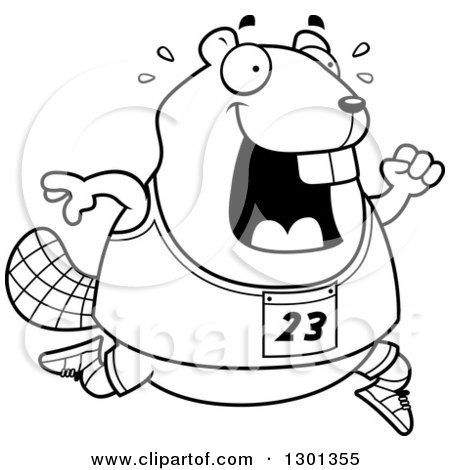 Outline Clipart of a Cartoon Black and White Sweaty Chubby Beaver Running a Track and Field Race - Royalty Free Lineart Vector Illustration by Cory Thoman