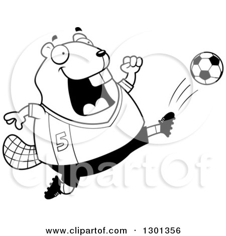 Outline Clipart of a Cartoon Black and White Chubby Beaver Kicking a Soccer Ball - Royalty Free Lineart Vector Illustration by Cory Thoman