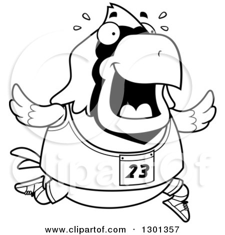 Outline Clipart of a Cartoon Black and White Sweaty Chubby Cardinal Bird Running a Track and Field Race - Royalty Free Lineart Vector Illustration by Cory Thoman