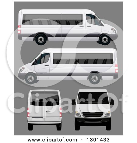 Clipart of a 3d White Passenger Van at Different Angles, on Gray - Royalty Free Vector Illustration by vectorace