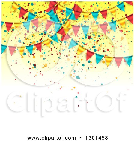Clipart of a Party Background with Colorful Bunting Flags and Confetti on Yellow and White Text Space - Royalty Free Vector Illustration by vectorace