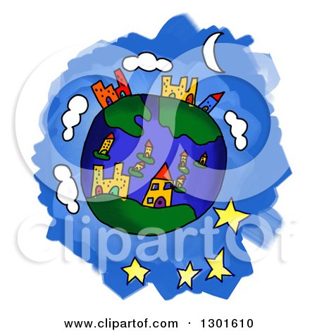 Clipart of a Cartoon Earth Childs Sketch over Blue and White - Royalty Free Illustration by Frank Boston