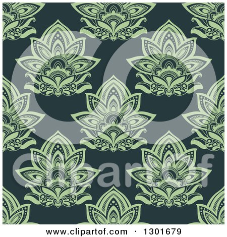 Clipart of a Seamless Pattern Background of Green Lotus Henna Flowers on Teal - Royalty Free Vector Illustration by Vector Tradition SM