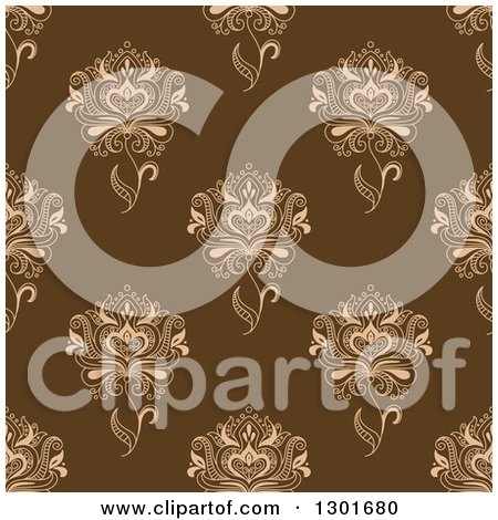 Clipart of a Background Pattern of Seamless Beige Henna Flowers on Brown - Royalty Free Vector Illustration by Vector Tradition SM