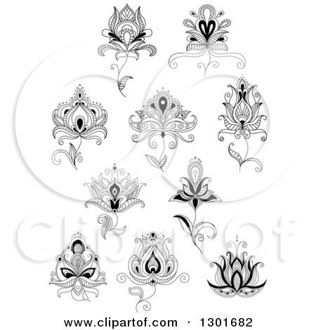 Clipart of Black and White Henna and Lotus Flowers 7 - Royalty Free Vector Illustration by Vector Tradition SM