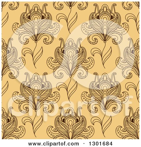Clipart of a Background Pattern of Seamless Brown Henna Flowers on Yellow - Royalty Free Vector Illustration by Vector Tradition SM