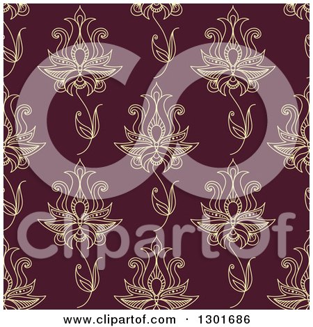 Clipart of a Background Pattern of Seamless Yellow Henna Flowers on Maroon - Royalty Free Vector Illustration by Vector Tradition SM