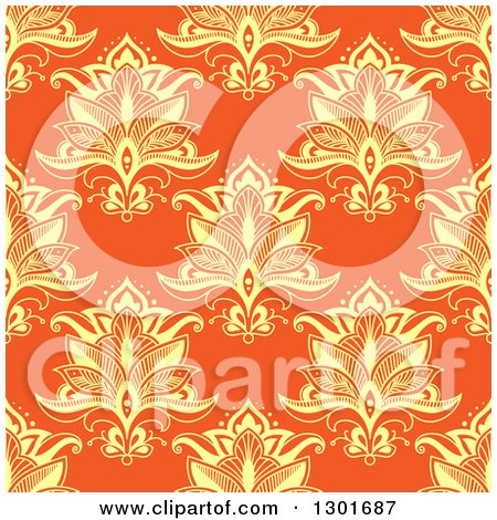 Clipart of a Seamless Pattern Background of Yellow Lotus Henna Flowers on Orange - Royalty Free Vector Illustration by Vector Tradition SM