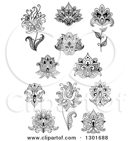 Clipart of Black and White Henna and Lotus Flowers 6 - Royalty Free Vector Illustration by Vector Tradition SM