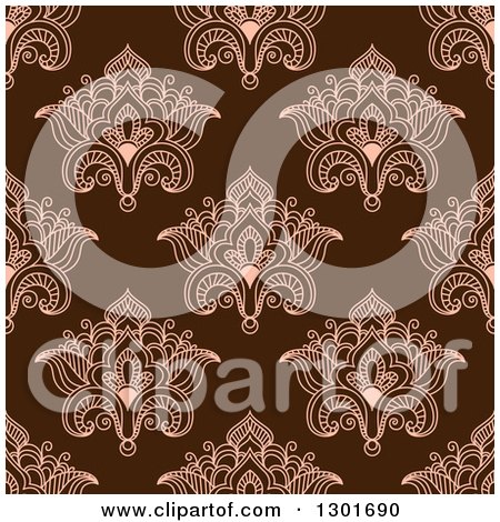 Clipart of a Seamless Pattern Background of Pink Lotus Henna Flowers on Brown - Royalty Free Vector Illustration by Vector Tradition SM