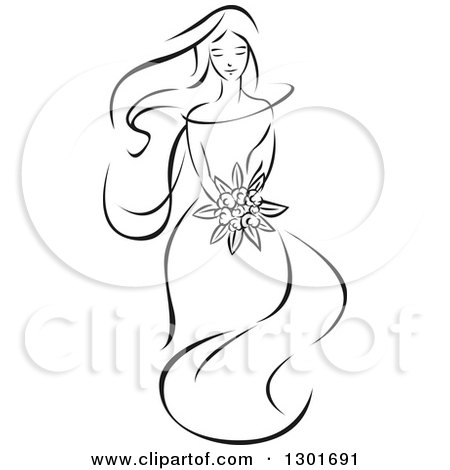 Clipart of a Sketched Black and White Bride Holding a Bouquet 4 - Royalty Free Vector Illustration by Vector Tradition SM