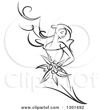 Clipart of a Sketched Black and White Bride Holding a Bouquet 3 - Royalty Free Vector Illustration by Vector Tradition SM