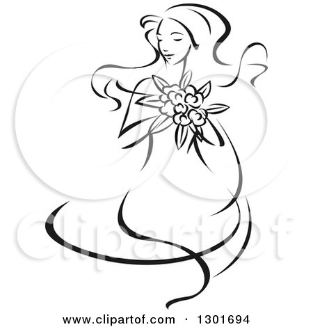 Clipart of a Sketched Black and White Bride Holding a Bouquet 5 - Royalty Free Vector Illustration by Vector Tradition SM