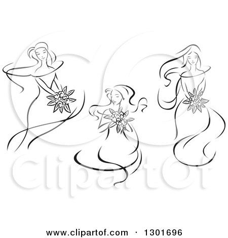 Clipart of Sketched Black and White Brides Holding Bouquets - Royalty Free Vector Illustration by Vector Tradition SM