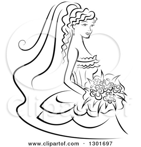Clipart of a Sketched Black and White Bride Holding a Bouquet - Royalty Free Vector Illustration by Vector Tradition SM