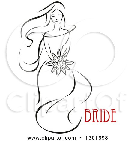 Clipart of a Sketched Black and White Bride Holding a Bouquet of Flowers with Red Text 10 - Royalty Free Vector Illustration by Vector Tradition SM