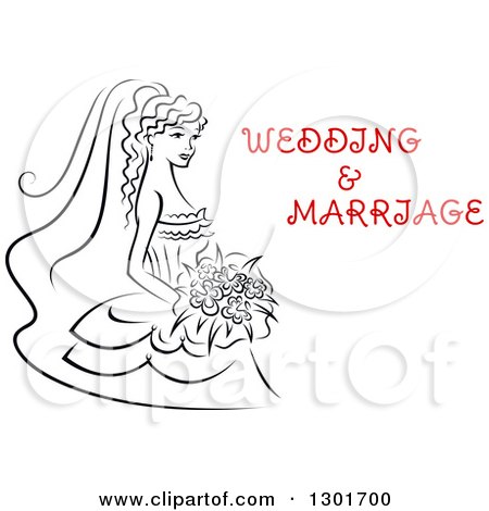 Clipart of a Sketched Black and White Bride Holding a Bouquet of Flowers with Red Text 8 - Royalty Free Vector Illustration by Vector Tradition SM