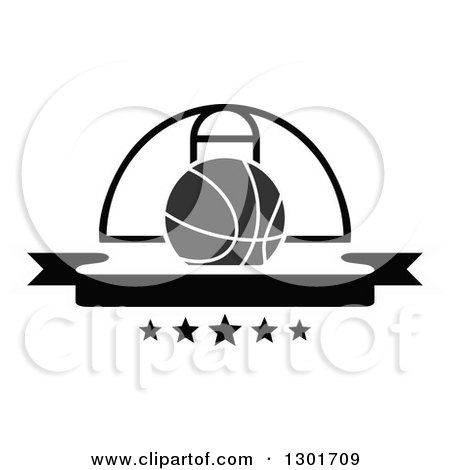 Clipart of a Blank Black Banner with a Basketball and Hoop - Royalty Free Vector Illustration by Vector Tradition SM
