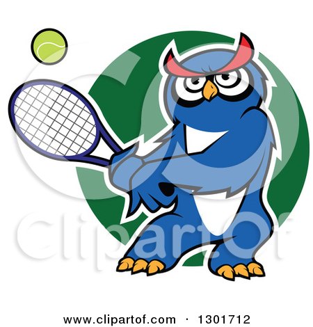 Clipart of a Cartoon Blue Owl Playing Tennis over a Green Circle - Royalty Free Vector Illustration by Vector Tradition SM