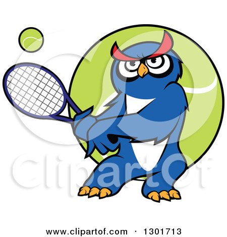 Clipart of a Cartoon Blue Owl Playing Tennis over a Ball - Royalty Free Vector Illustration by Vector Tradition SM