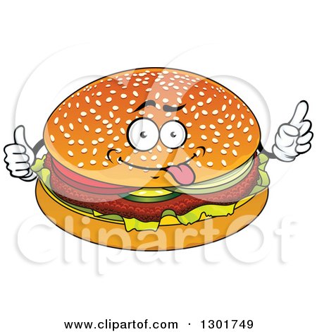 Clipart of a Cartoon Goofy Hamburger Character Giving a Thumb up and Pointing - Royalty Free Vector Illustration by Vector Tradition SM