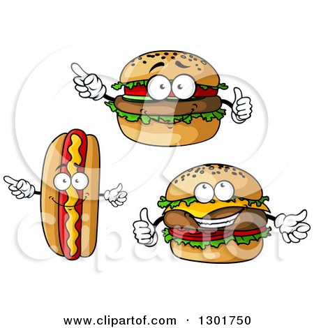 Clipart of Cartoon Hot Dog, Cheeseburger and Hamburger Characters - Royalty Free Vector Illustration by Vector Tradition SM